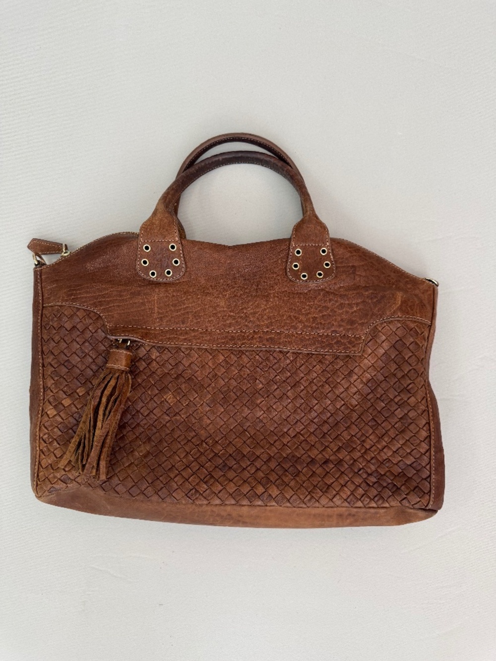 Alessia Capri Italian Leather Woven Brown Satchel Crossbody Bag